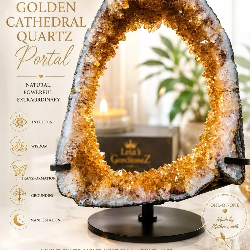 Lela’s GemStoneZ Golden Cathedral Quartz Portal Heat-Treated Amethyst Cathedral 1.56 kg Luxury Home Décor One-of-One Display Piece with Black Metal Stand Crystal unique