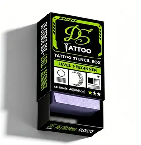 D5 Tattoo Stencil Box - 50 Sheets A6 Tattoo Transfer Paper for Practice Skin, Level 1 Beginner Random Challenge Kit, Removable Tattoo Transfers, Premium Slide-Out Drawer Packaging (4"x6")
