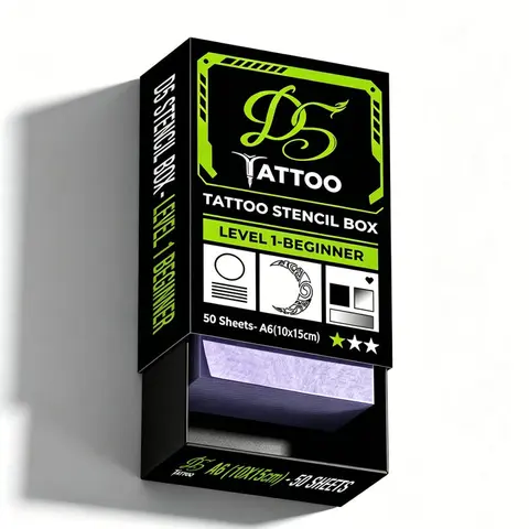D5 Boxed Kit Temporary Tattoos Stencil Set with Drawer Packaging, 50 A6 (10x15cm/4"x6") Pre-Printed Transfer Sheets, 3-Step Easy Transfer, Level 1-Beginner Drills, Pull a Random Design, Prevents Ink Bleeding, Tattoo Supplies for Practice Skin