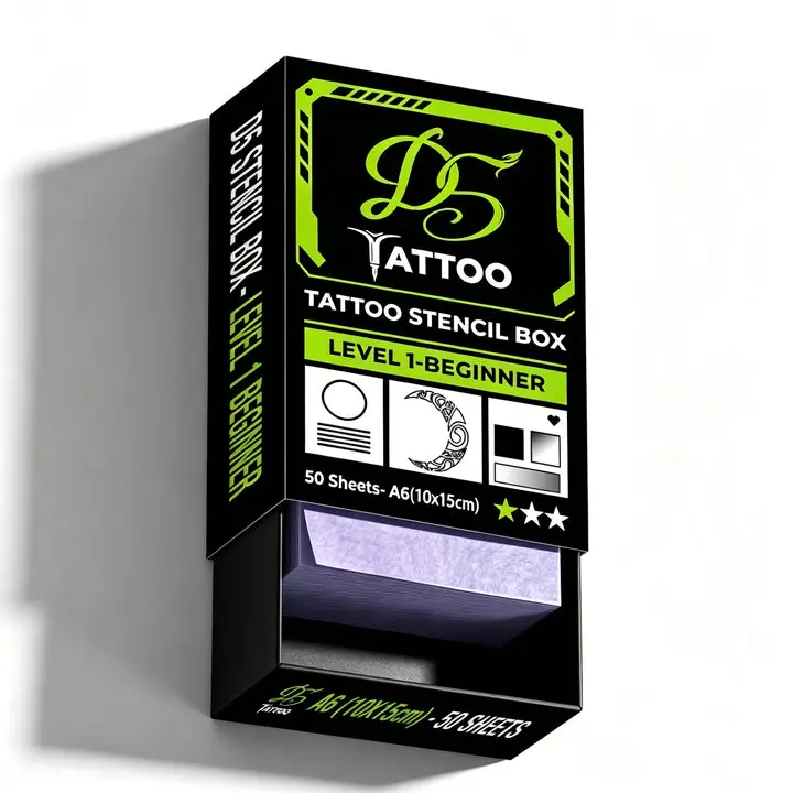 D5 Boxed Kit Temporary Tattoos Stencil Set with Drawer Packaging, 50 A6 (10x15cm/4"x6") Pre-Printed Transfer Sheets, 3-Step Easy Transfer, Level 1-Beginner Drills, Pull a Random Design, Prevents Ink Bleeding, Tattoo Supplies for Practice Skin