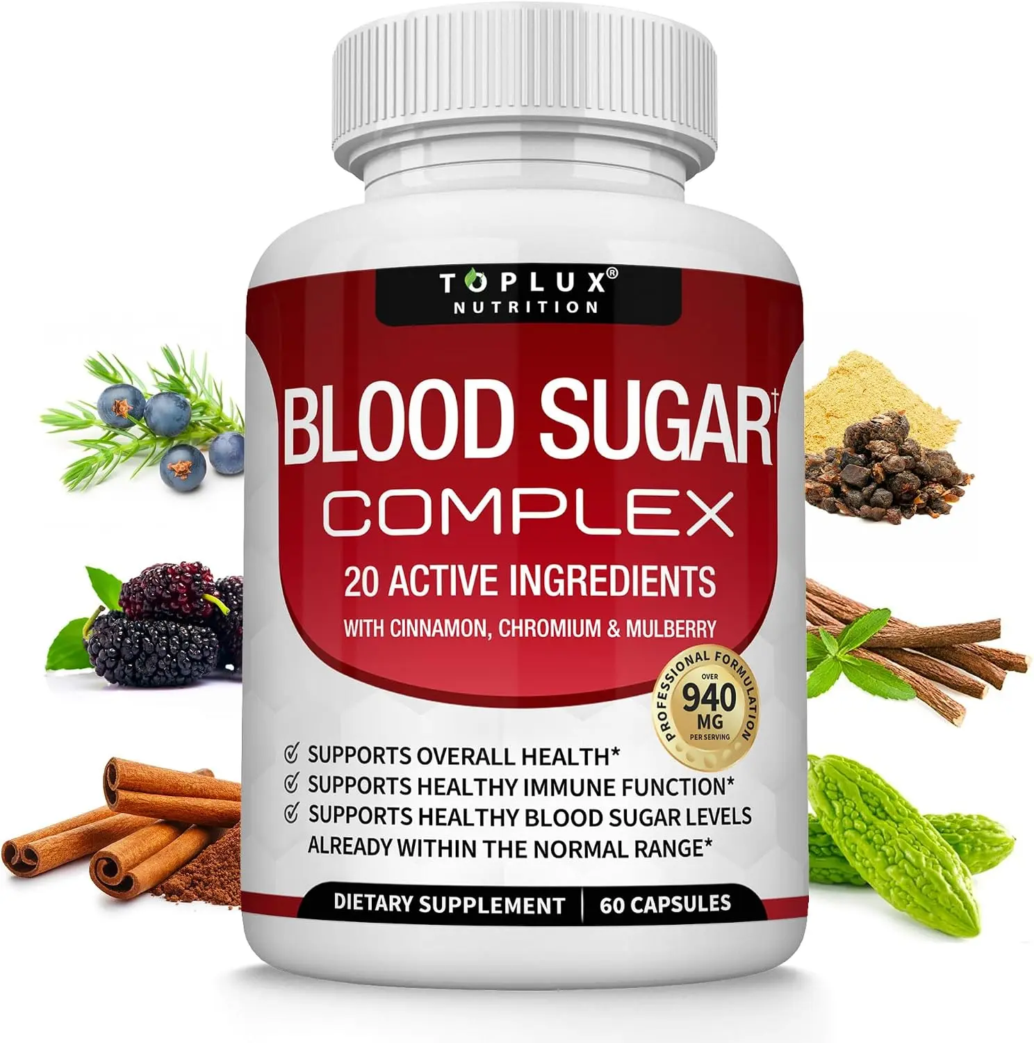Blood Sugar Complex Supplement Capsules, Natural Formula with Cinnamon Bitter Melon Chromium Mulberry Alpha Lipoic Acid, Maintain Healthy Normal Blood Sugar Levels, Non-GMO Wellness Support for Adults, 60 Capsules Magnesium Vitamin Organic sohochic