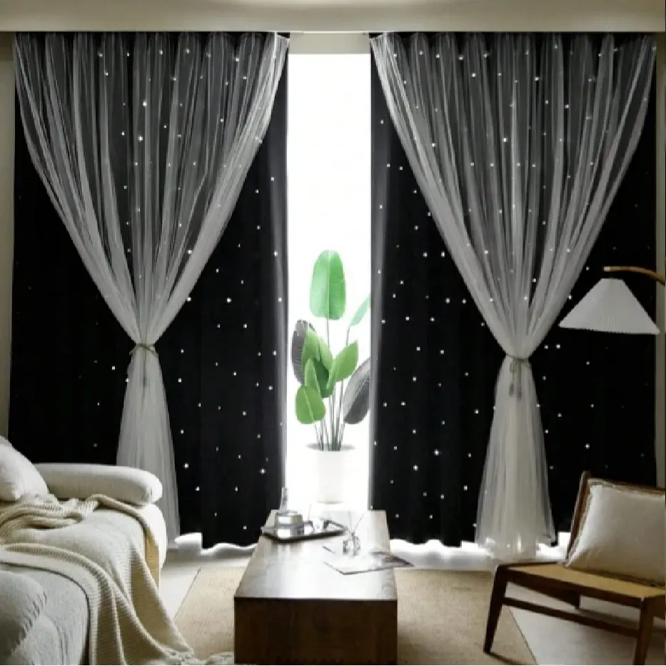 Modern Minimalist Star-Shaped Voile Curtain, Single Color Hollow Design, Ideal for Bedroom Living Room Balcony, Sunshade Drapes, Window Curtain
