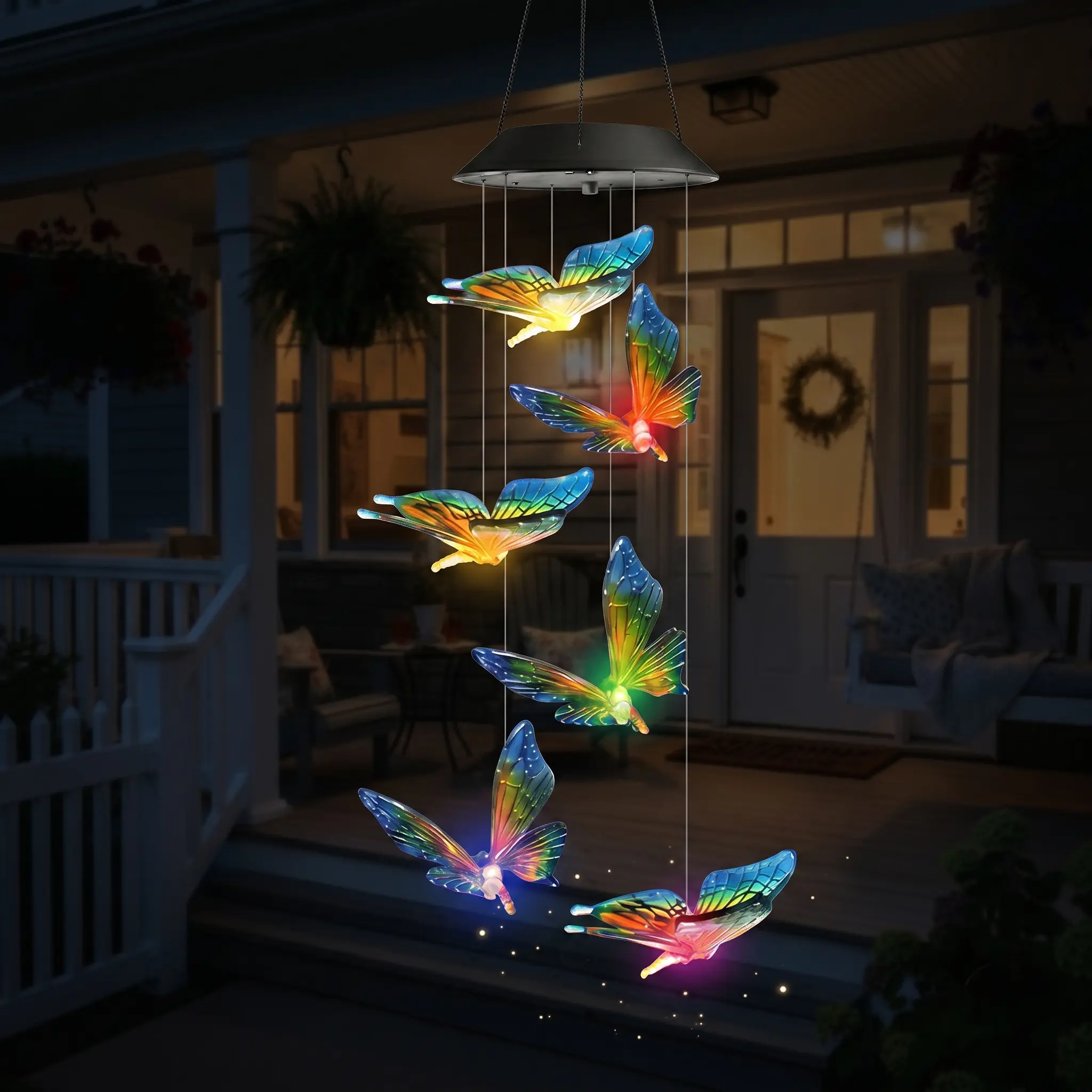 Red & Blue Butterfly Solar Color-Changing Wind Chimes. An ideal gift for moms and grandmas, with a waterproof design perfect for outdoor hanging. Lovely chimes and color-changing lights refresh your summer.