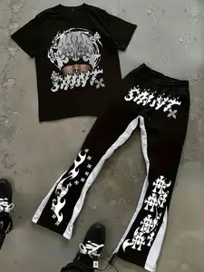 Unisex street style loose-fitting short-sleeved shirt and trousers set; "Y2K style" star-patterned T-shirt; casual sportswear; versatile summer set.
