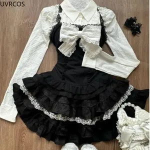 Aesthetic Lolita Style 3 Piece Set Women Kawaii White Shirt Bow Lace Vest Ruffle Mini Skirts Japan Fashion Gothic Skirt Suit