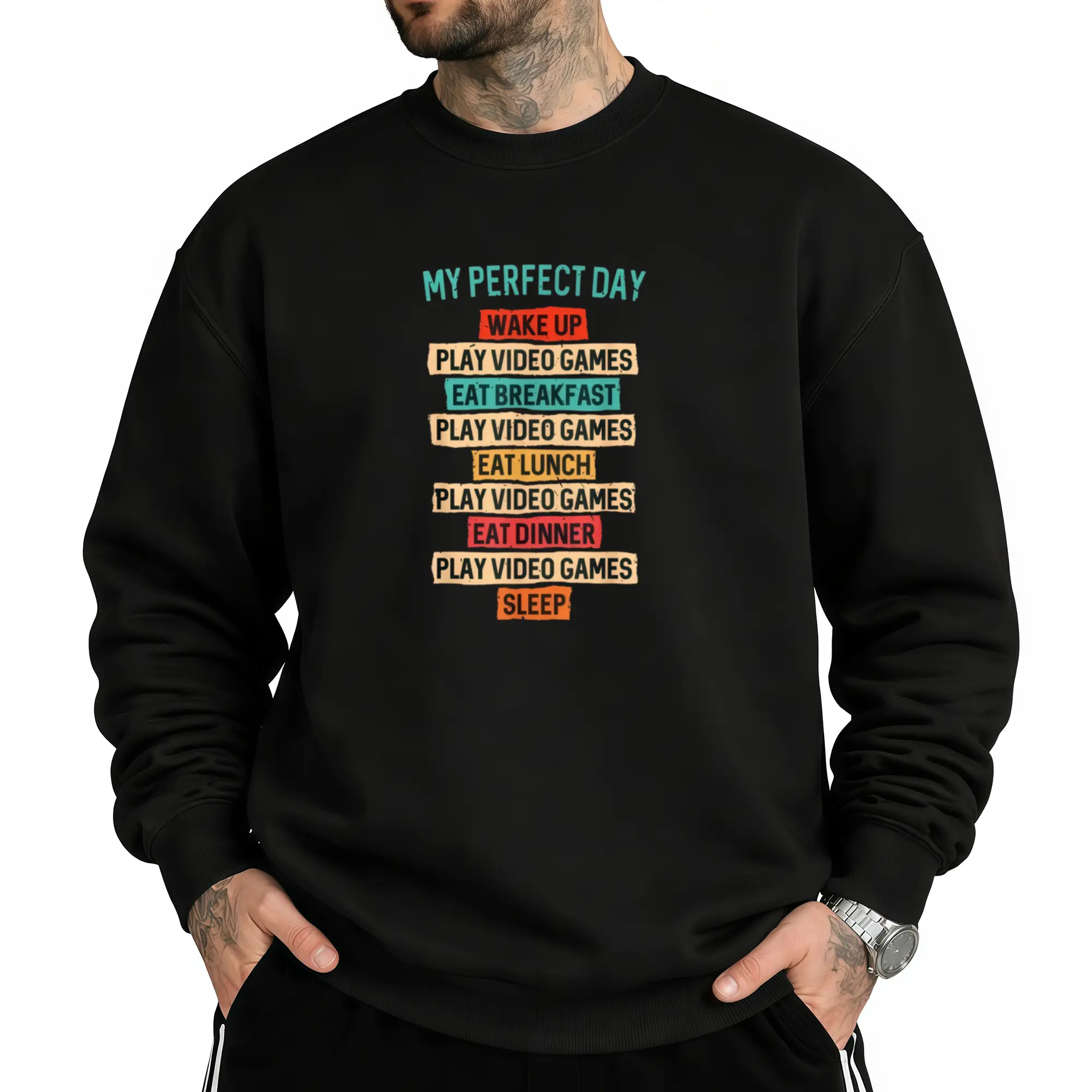 Men’s Long Sleeve Sweatshirt – Casual Crewneck with Fun Gaming ‘Ideal Game Day’ Schedule Graphic, Perfect for Gaming Enthusiasts Classic Fabrics