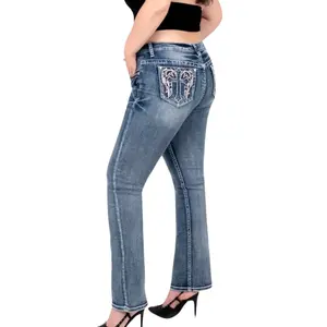 Cross Bling Bootcut stretch Denim Jeans Mid Waist Casual Cotton Comfortable Rock Mid Waist rhinestone biker Womenswear Embroidered Button Stretchy bootcut jean