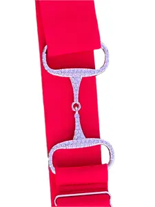 2” Red Adjustable Snaffle Bit Riding Belt with silver metal bit and clear rhinestone crystals