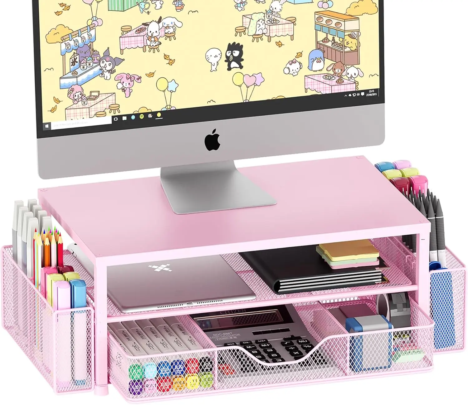 Desk Organizers and Accessories, 2-Tier Computer Monitor Stand Riser with Drawer and 2 Pen Holders, Laptop Stand, Office Desk Accessories & Office Decor for Women, Pink OPNICE
