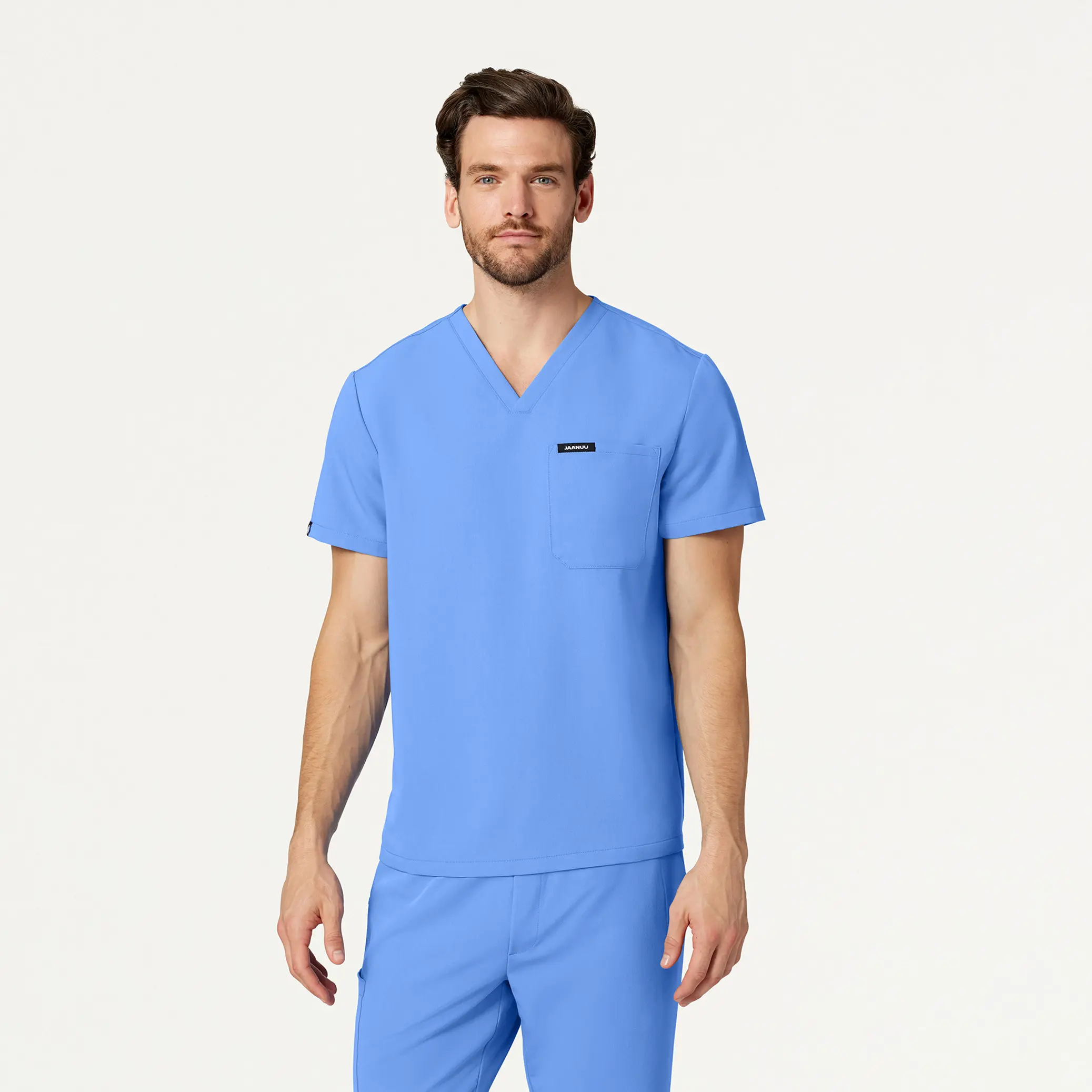 JAANUU Holmes Men's Classic V-Neck Scrub Top - Menswear Workwear Uniforms, 1-Pocket, 4-Way Stretch Soft UltraLAST - Ceil Blue & Caribbean Blue