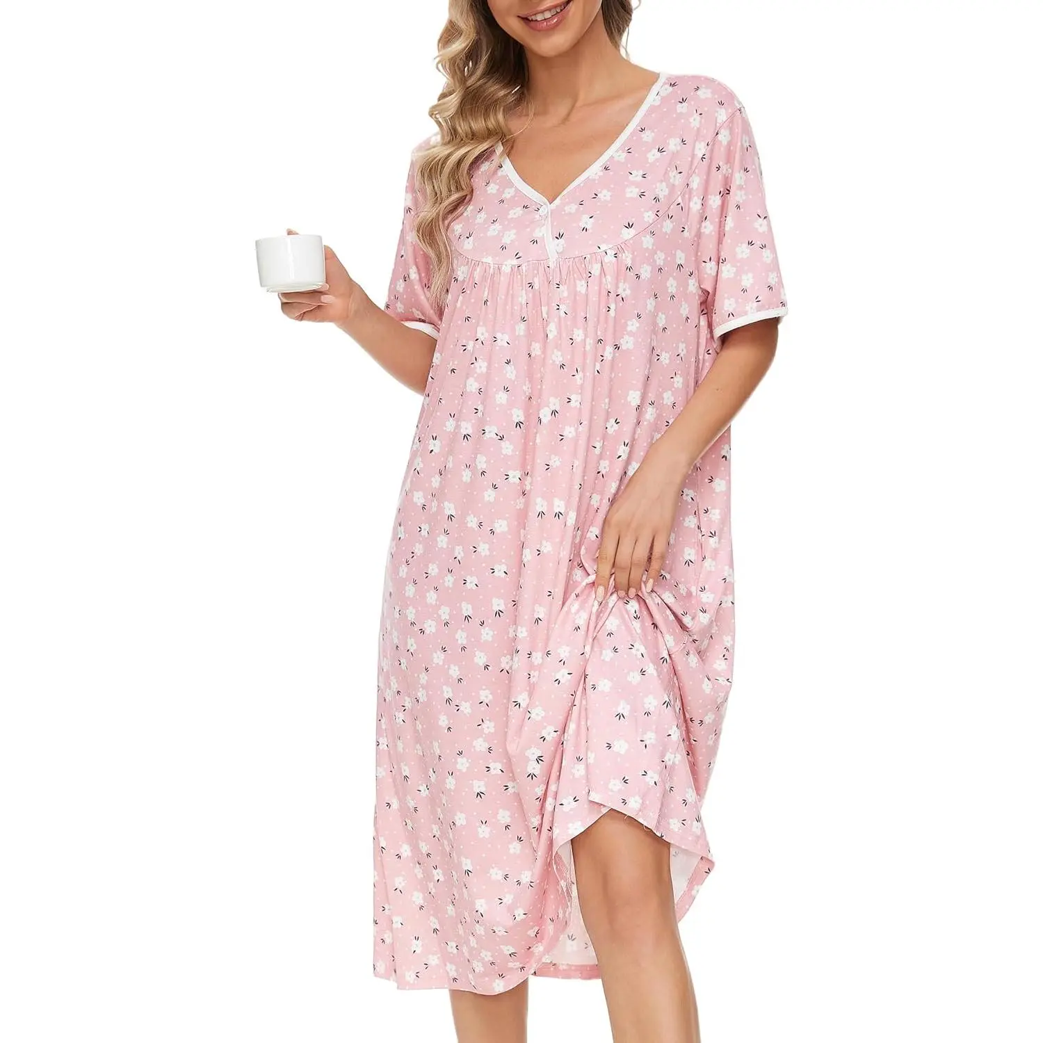 Women's Soft Cotton Short-Sleeve Nightgown - Pink Flower 2 Print, Pocketed, Breathable Multi-Size Loungewear for Casual Sleepwear, Large Size Fit, All-Season Use