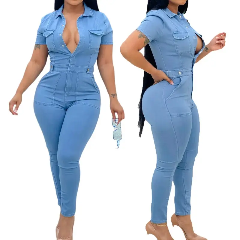 One Piece Women Denim Jumpsuits Turn Down Collar Full Sleeve Rompers Sheath Long Pants Overalls Sexy Slim Fit Hight Waist Jeans Clothing