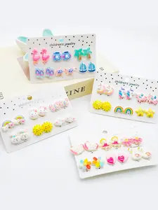 6 Pairs Unicorn/camera/sun/rainbow/heart/yacht Clip-On Earrings, Cute Cartoon Resin Jewelry, Perfect for Daily Wear and Gifts