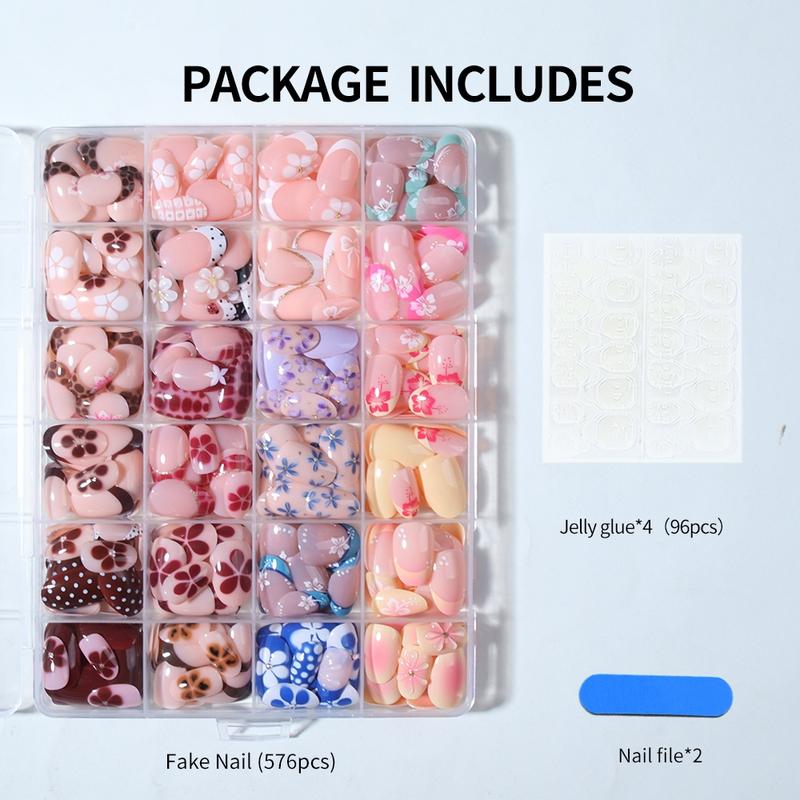 576 Piece Acrylic Press-On Nails Set, Short Oval Leopard French Flower Bow Design, Easy Wear Nail Art for Women Girls, Acrylic Fake Nails