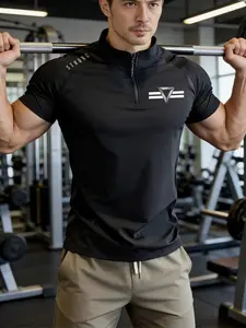 Men's Quick-Dry Stand Collar Half Zip T-Shirt, Slim Fit Sports Short Sleeve, Elastic Muscle Men Fitness Training Top, Gym Performance Top