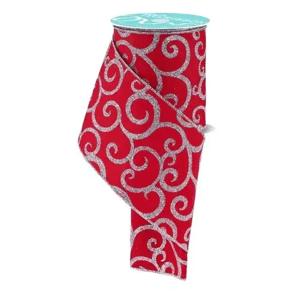 4" x 10yd Glitter Swirl Ribbon (Red/Silver)