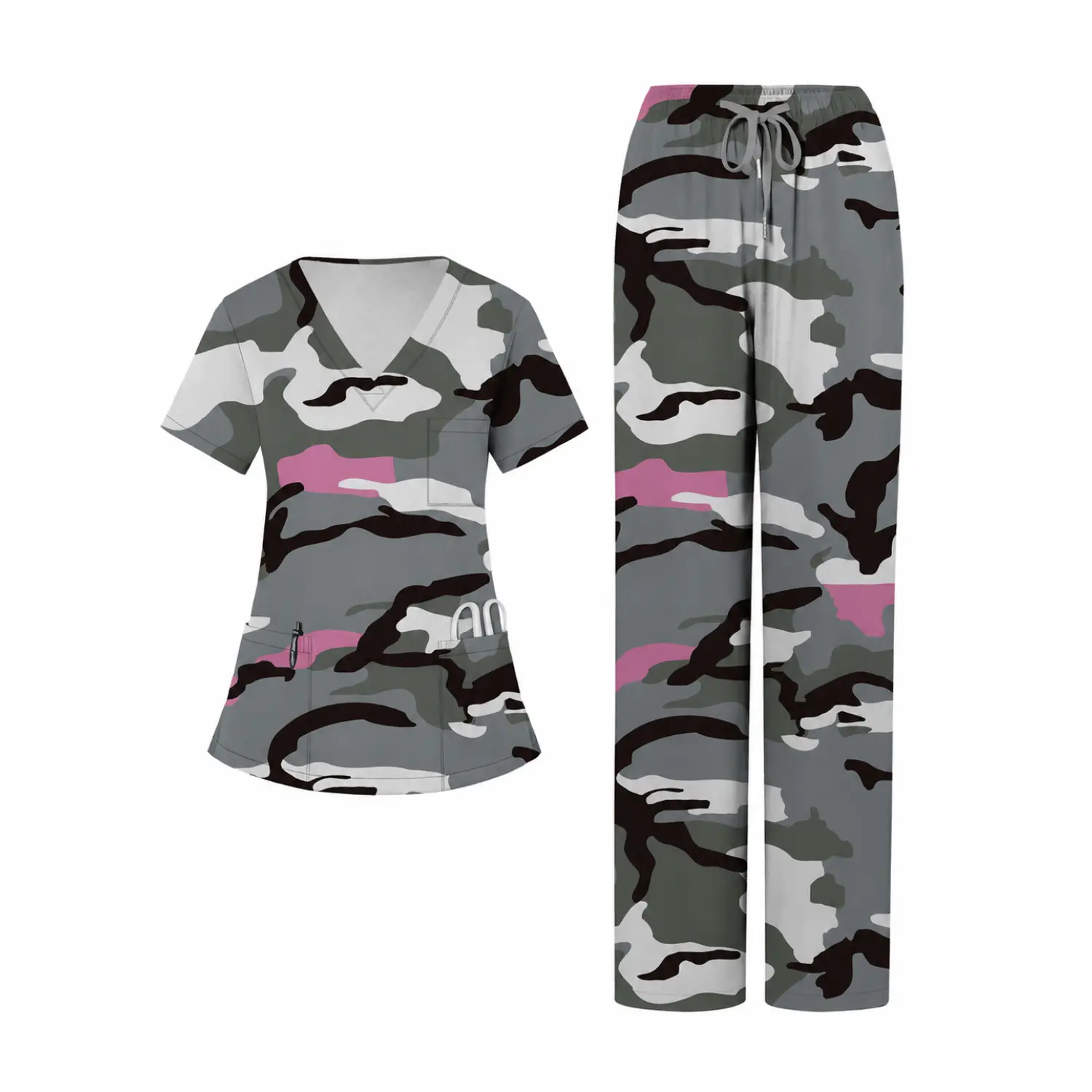Women’s Camo Print Stretch V-Neck Medical Scrub Set with Elastic Waist Pants, Ideal for Healthcare Work