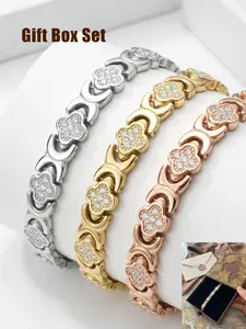 Solid copper magnetic bracelet in gift box, women's style, 3800 gauss effective magnets, inlaid with crystals, rose gold four-leaf clover design, fashionable stackable bracelet, spring essential, adjustable, perfect gift, High Quality Bracelet