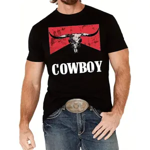 Western Cowboy Print Men's Cotton Graphic T-shirt, Casual Short Sleeve Crew Neck T-shirt, Men's Tee For Outdoor