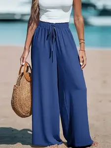 Trendy Loose-Fit Women Casual Pants with Pockets, Drawstring Adjustable Wide Leg Long Trousers, Versatile Solid Color Bottoms for Everyday Wear