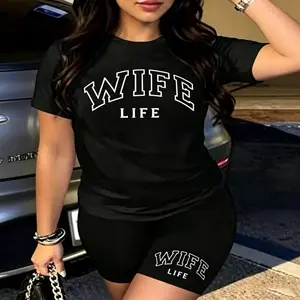 Polyester fiber Two-Piece Set Women, WIFE LIFE Letter-Print T-Shirt And Summer Riding Shorts Set. A Casual Round-Neck Short-Sleeved Top And Sports Shorts For Women's Sportswear Set. Suitable For Various Activities, Sports, Fitne