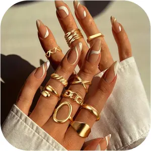 YADOCA 10Pcs Gold Chunky Rings for Women 14K Plated Gold Stainless Steels Adjustable Stackable Rings Sets Dome Thick Braided Twisted Trendy Knuckle Thumb Finger Rings