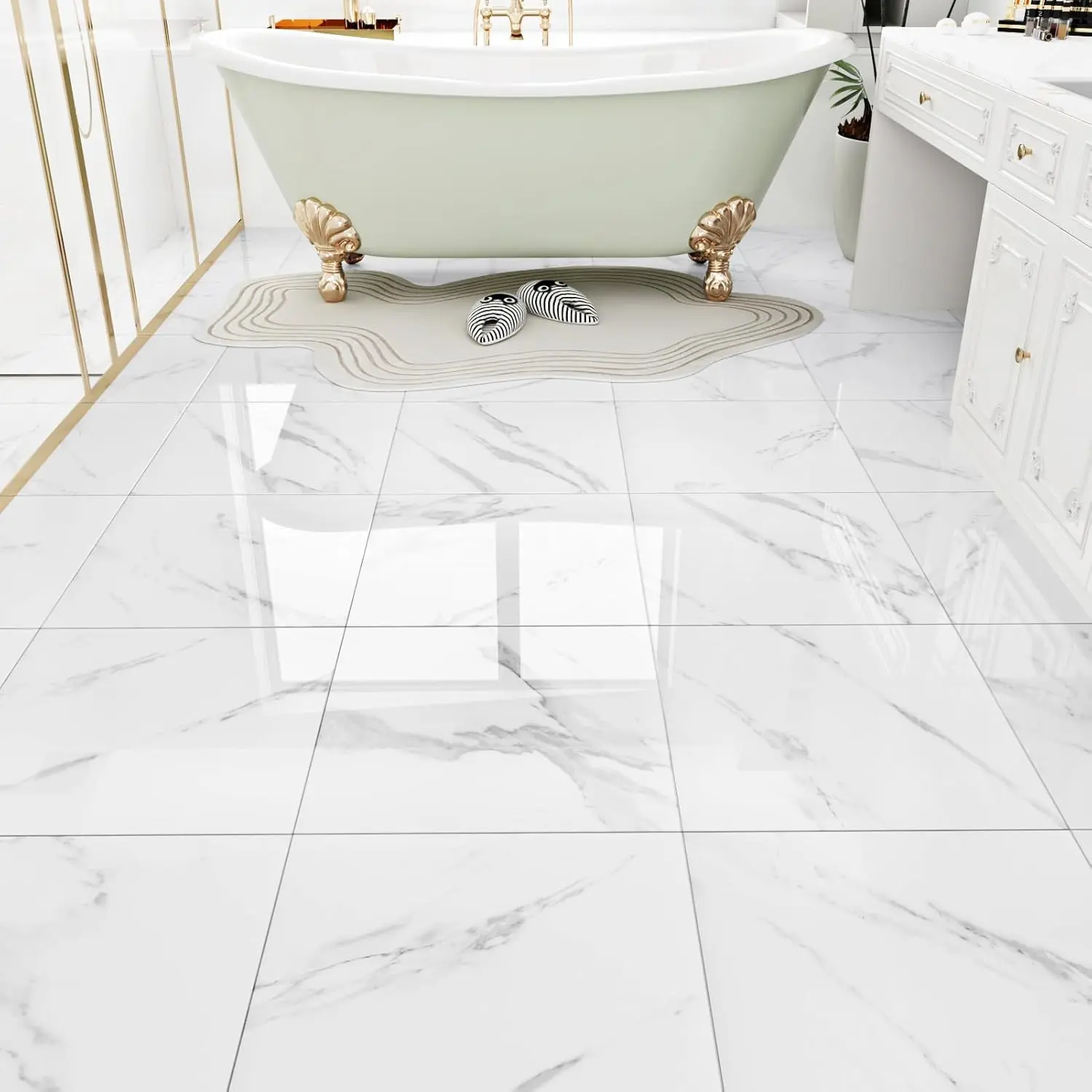 White Marble Peel and Stick Floor Tile Bathroom Self Adhesive Floor Tiles Peel and Stick  Kitchen Flooring Tiles Removable Marble Tile for Bedroom Living Room Camper 5 count 12" x 12"