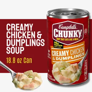 Campbell's Chunky Soup, Creamy Chicken and Dumplings Style Soup Treat with Tender Chicken Pieces, Soft Dumpling Texture, Rich Creamy Base, 18.8 oz Can, Comfort Meal Topper