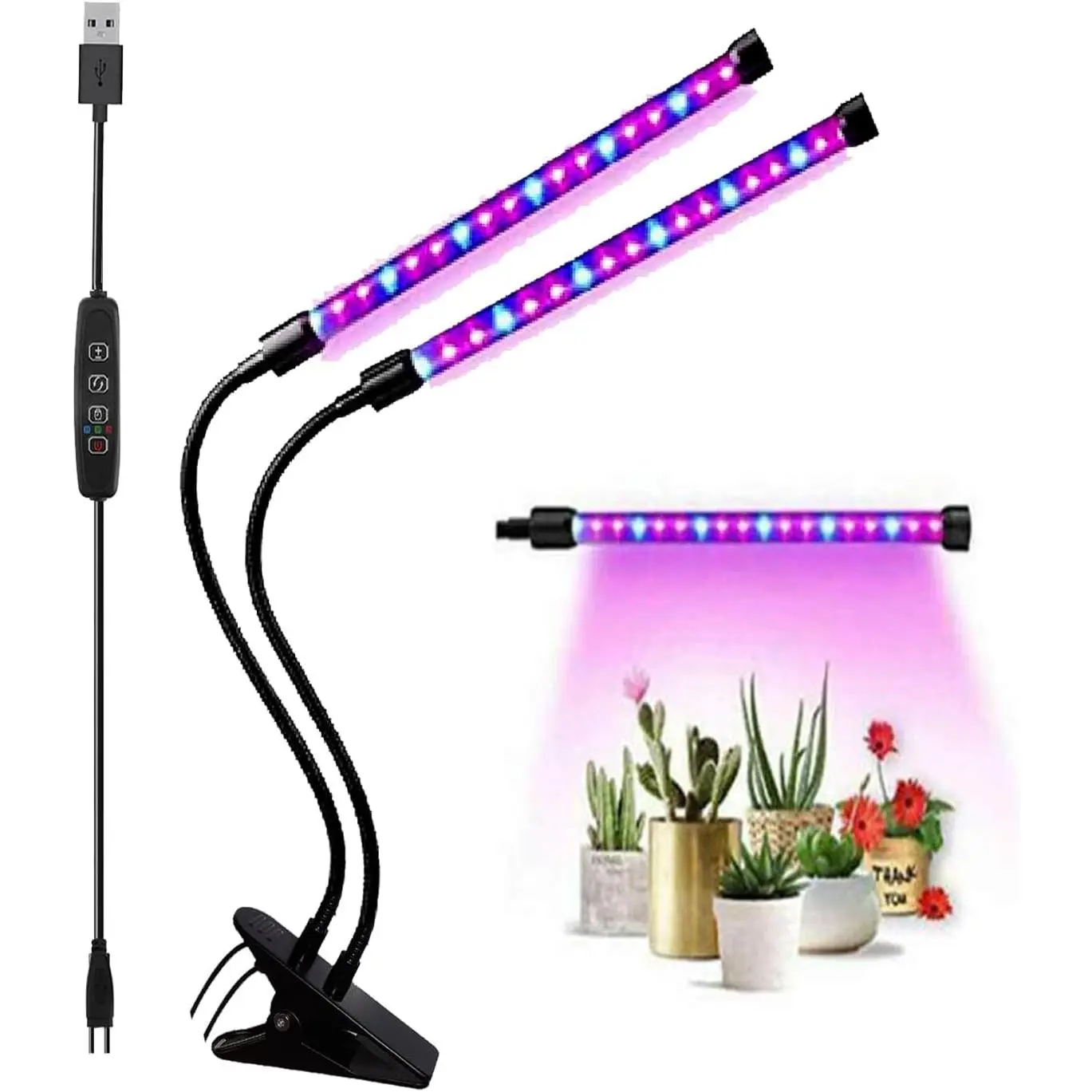 1-Head Metal Clip-On Gooseneck Arm Desk Plant Growth Lamp - 40W Full Spectrum LED, USB Powered, Auto ON/OFF, 3/9/12H Timer, 9 Dimmable Levels, Plastic Components, Increases Growth Rate for Indoor Plants & Seed Starters