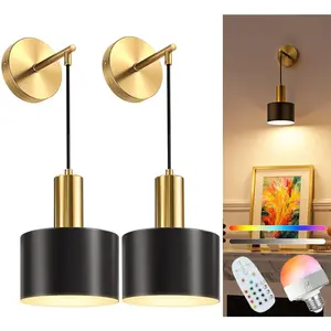 Battery Operated Wall Sconce Set of 2, Gold & Black Wireless Rechargeable Wall Lights with Dimmable Detachable Bulbs and Remote, 12 Colors Adjustable Rgb Lighting Sconces Wall Decor for Bedroom Living Room