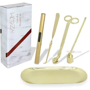 Exquisite Candle Accessories Tool Pack Bag Rechargeable Electric Lighter Wick Trimmer Dipper Snuffer Tray Holder Elegant Kit Gift for Candle Lovers Dating Valentines Decor Lemon Gold