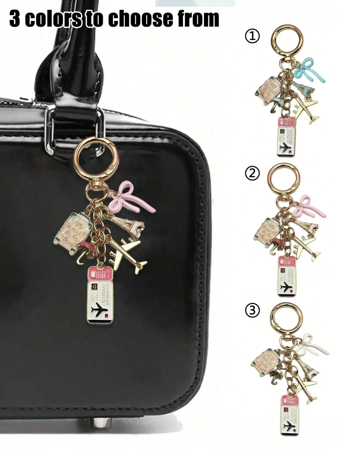 Travel-Themed Keychain with 3 Color Options - Cute Bag Charm, Key Ring Accessory, Keychain for Bags, Featuring Airplane, Luggage & Ticket Charms, Durable Enamel Key Chain, Decorating Purses, Backpacks, Ideal for Travel Enthusiasts