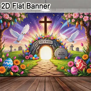 2D flat banner, Photo backdrops, 1pc Easter-themed backdrop featuring a stone tomb with a wooden cross, adorned with colorful flowers and Easter eggs, perfect for Easter celebrations, church events, spring parties, and festive photography
