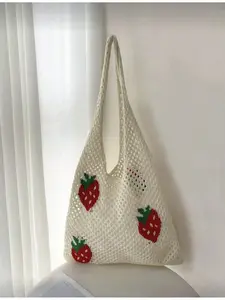 Lightweight Casual Strawberry Pattern Crochet Bag, Hollow Out Design, Vacation Style, Suitable for Teen Girls and College Students