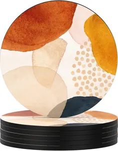 Coasters for Drinks, Set of 6 Absorbent Rubber Drink Coasters with Non-Slip Backing, Cute Drink Coasters for Cup Kitchen Home Decor Housewarming Gift, Round 4", Simple Abstract Art Coffee Tableware