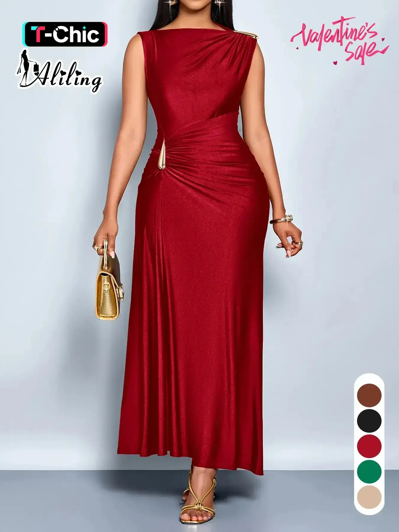 Aliling Elegant Chic Sleeveless Midi Dress for Women High Waist Folds Boat Neck Bodycon Fitted Solid Aliling Elegant Chic Sleeveless Midi Dress for Women High Waist Folds Boat Neck Bodycon Fitted Solid