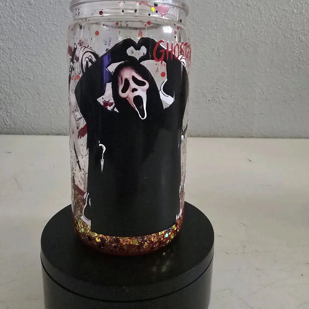 Ghostface Drip Snowglobe Tumber 16oz with Glitter and Halloween Design