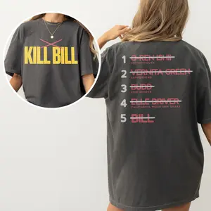 Kill Bill Movie Graphic T-Shirt, Quentin Tarantino Action Samurai Film Shirt, Front & Back Graphic Kill List, Movie Lover Gift Memorabilia Top Womenswear Streetwear Tshirt Summer Comfort Casual Round Neck