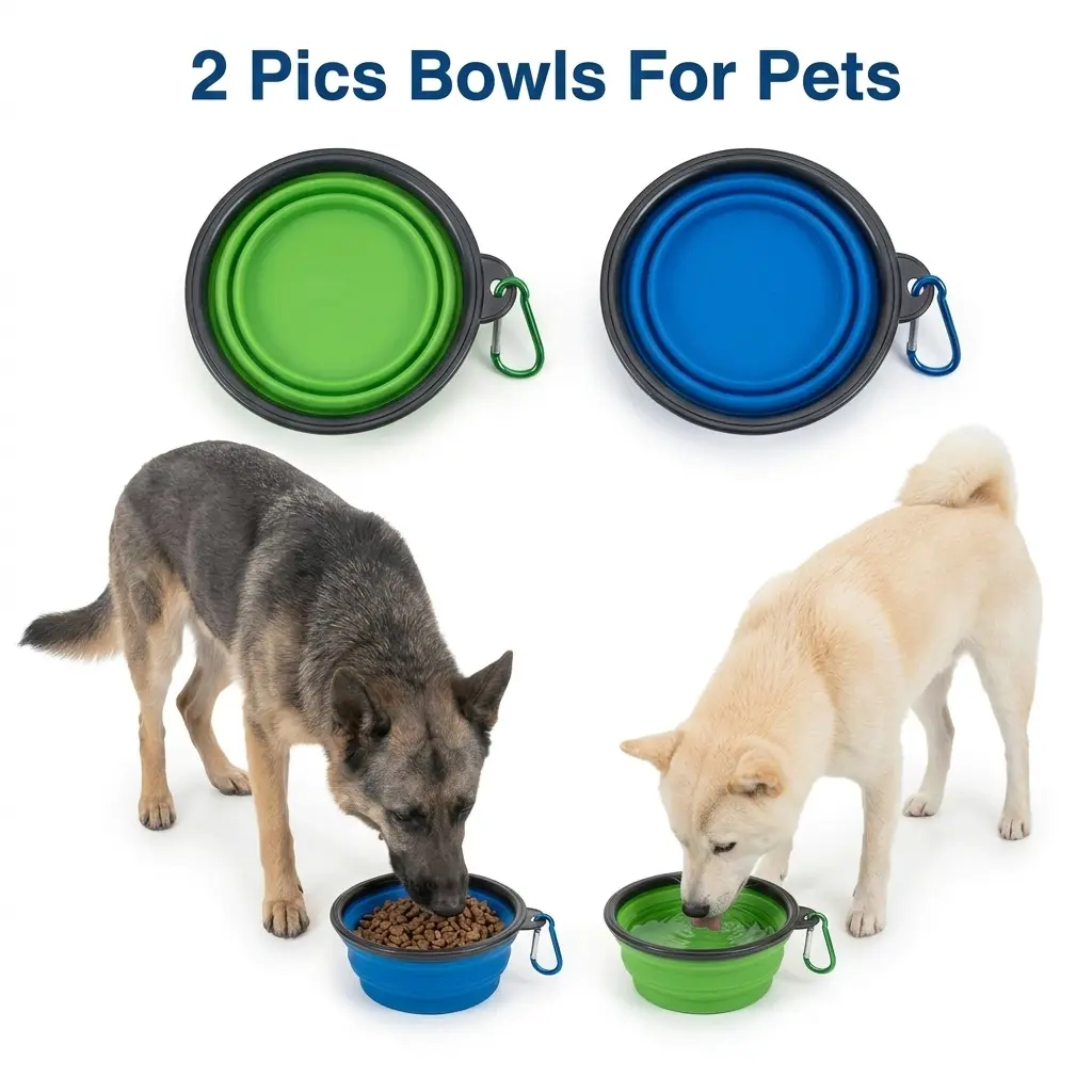 Dog & Cat 2-Pc Collapsible Silicone Animal Water & Feeding Bowls - Food Grade, Multi-Size, 2 Carabiner Clips, Hands-Free Adventure Ready Outdoor Accessory for Camping Hiking