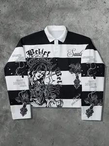 Men's Striped 'belief' Pattern Loose Polo Shirt, Street Gothic Style, Fashionable Unique Casual High-End Sportswear, Outdoor Campus Hip-Hop