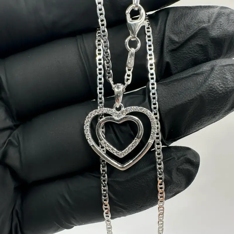 925 Sterling Silver Heart Pendant Necklace – 20” Italian Mariner Chain – Mexican Silver