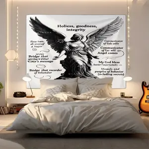 Black & White Angel With Inspirational Text Print Tapestry, Spiritual Faith Themed Wall Hanging, Elegant Religious Tapestries, Premium Soft Tapestrys With Vintage Sketch Design, Ideal For Bedroom & Sacred Space Decor