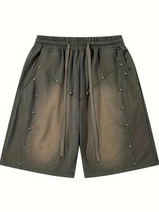 men's letter embroidery rivet decor shorts, loose casual comfy breathable elastic waist shorts for summer, men's bottoms for daily wear, casual fashion pocket shorts,  menswear, casual sports shorts