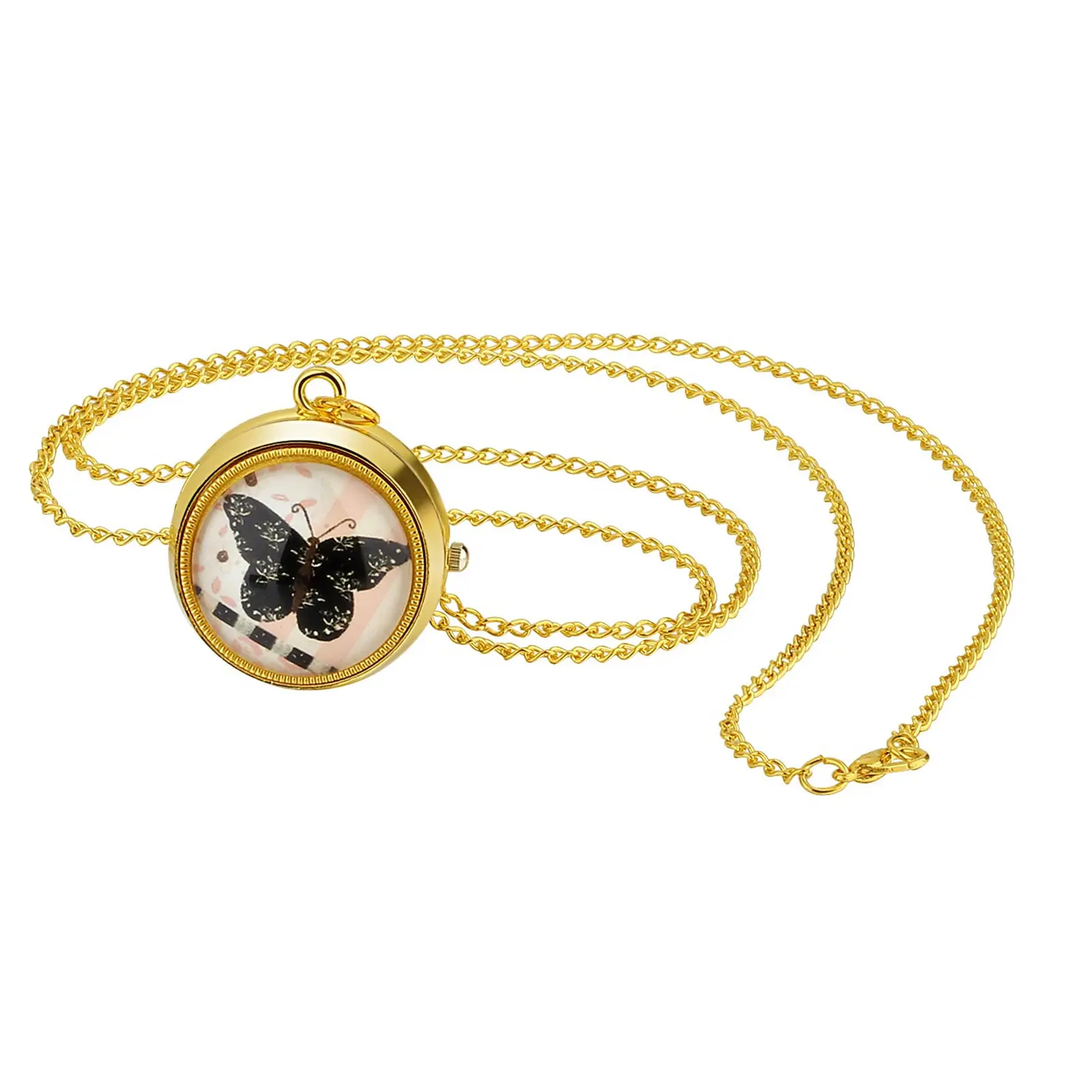 OIDEA Rotating Case Butterfly Decorative Pendant Pocket Watch Necklace, 1ATM Gold Tone 30.7" Chain