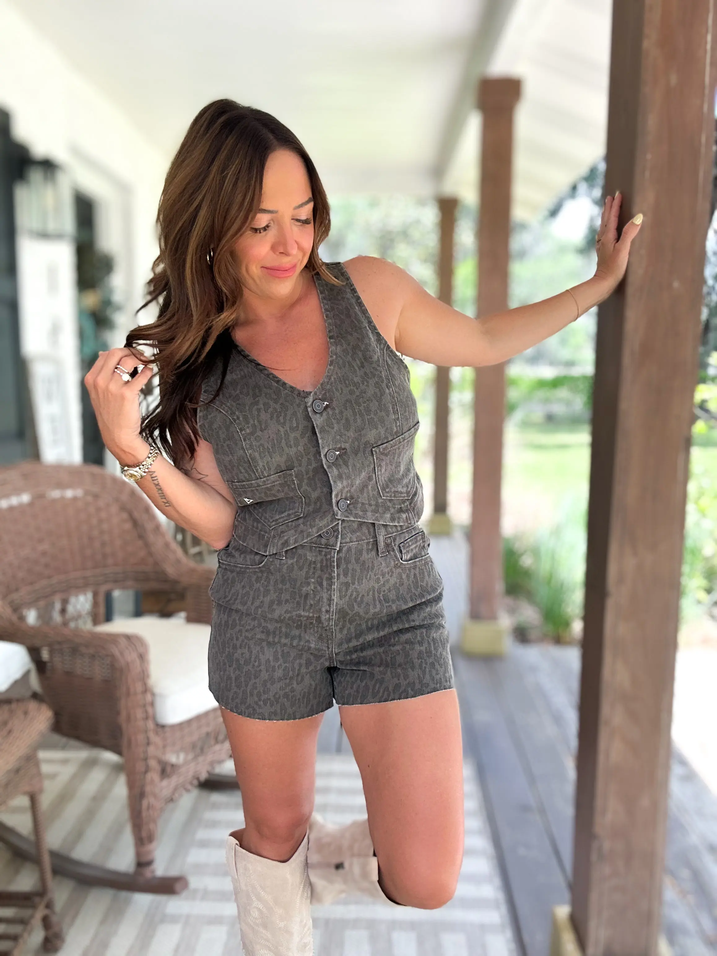 Teague Brown Cheetah Denim Vest Top