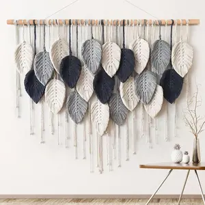 Macrame Wall Hanging Leaf Woven Tapestry Bohemian Chic Wall Hanging Feather Large Handmade Wall Art Decor for Bedroom Living Room Apartment Ornament, 39 inch
