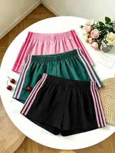3-Pack Summer Multicolor Casual Sporty Fashion Solid Side Stripe Shorts, Elastic Waist Loose Fit Women's Short Pants for Daily Wear