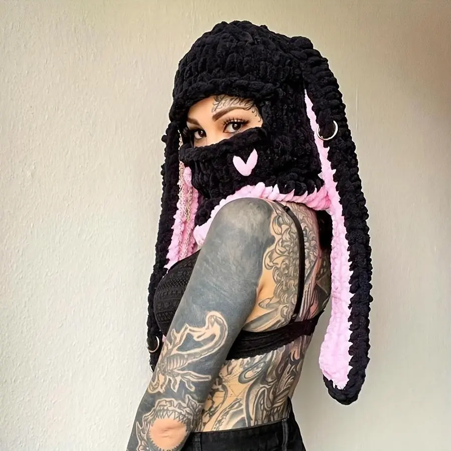 New Sweet Cool Spicy Handmade Thickened Fleece Warm Hat Devil Horn Mask Long Ears Heart Bunny with Unique Black Braids Type