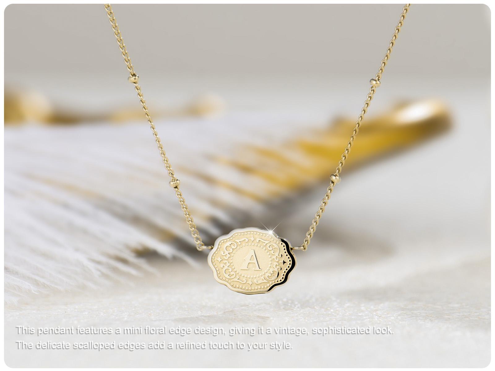 Holylegend 14K Real Gold-Plated Mini Letter Scalloped Edge Pendant Necklace, Reversible Western Style Jewelry for Men & Women