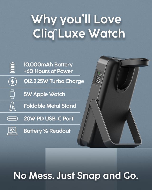CliqLuxe 10K – Wireless – 2.5W Watch Charger - No Wall Plug - With Stand – Black